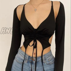 Hnewly Two Piece Sets Tops And Blouses Women Summer Fall Grunge Sleeveless Halter Tie Up Drawstring