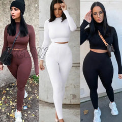 Hnewly Two Piece Sets Women Solid Autumn Tracksuits High Waist Stretchy Sportswear Hot Crop Tops