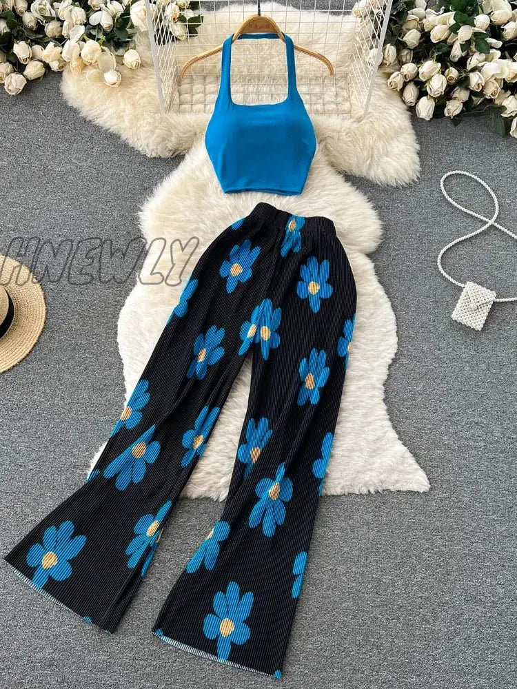 Hnewly Two Piece Sets Womens Outifits Summer Halter High Waist Wide Leg 2 Outfits Retro Clothes For