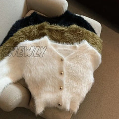 Hnewly V Neck Cropped White Mohair Knitted Cardigan Retro Casual Lazy Oversized Sueters Sweaters