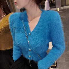 Hnewly V Neck Cropped White Mohair Knitted Cardigan Retro Casual Lazy Oversized Sueters Sweaters