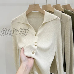 Hnewly V Neck Knitted Cardigan For Women Fall Winter New Korean Single Breasted Sweater Slim Ladies