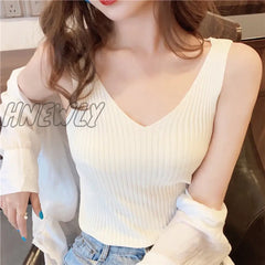 Hnewly V-Neck Knitted Ice Silk Sleeveless Top Thin Vest Knit Sweater Women Sexy Slim Camisole