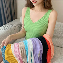 Hnewly V-Neck Knitted Ice Silk Sleeveless Top Thin Vest Knit Sweater Women Sexy Slim Camisole