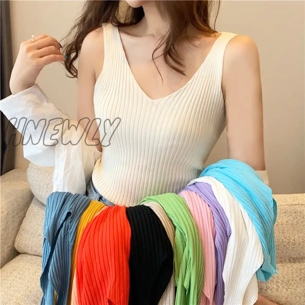 Hnewly V-Neck Knitted Ice Silk Sleeveless Top Thin Vest Knit Sweater Women Sexy Slim Camisole