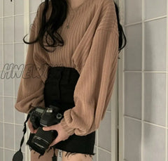 Hnewly V Neck Lantern Long Sleeve Knit Pullover Sweater Women Retro Loose Crazy Style Short