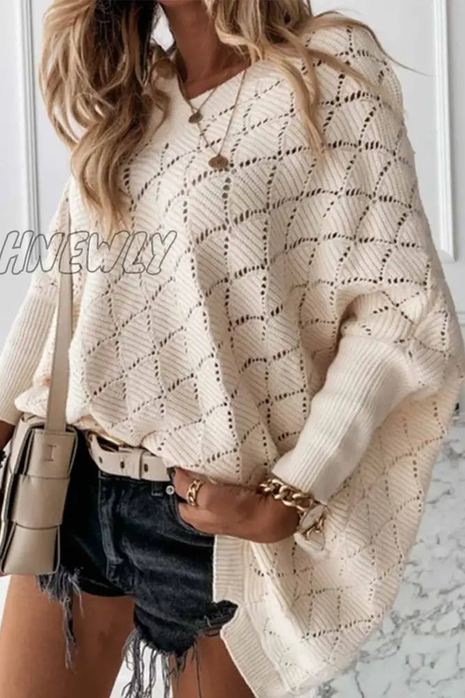 Hnewly - V-Neck Solid Color Hollow Bat Sleeve Sweater S / Beige Tops