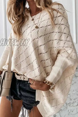 Hnewly - V-Neck Solid Color Hollow Bat Sleeve Sweater S / Beige Tops