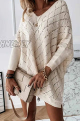 Hnewly - V-Neck Solid Color Hollow Bat Sleeve Sweater Tops