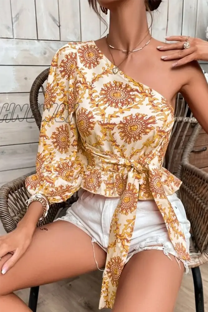 Hnewly - Vacation Print Flounce Tops Yellow / S Tops/Blouses & Shirts