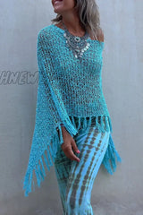 Hnewly - Vacation Solid Tassel Hollowed Out O Neck Outerwear(5 Colors) Blue / S/M Outerwear/Cloak