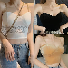 Hnewly Velvet Crop Tops Sexy Solid Color Sling Camisole Spaghetti Strap Tanke Top Women Built In
