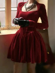 Hnewly Velvet Square Corset A Line Women Formal Dress Bodycon Long Sleeve New Year Elegant Autumn