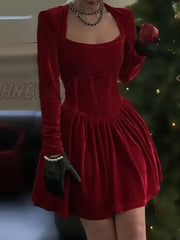 Hnewly Velvet Square Corset A Line Women Formal Dress Bodycon Long Sleeve New Year Elegant Autumn