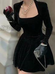 Hnewly Velvet Square Corset A Line Women Formal Dress Bodycon Long Sleeve New Year Elegant Autumn