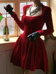 Hnewly Velvet Square Corset A Line Women Formal Dress Bodycon Long Sleeve New Year Elegant Autumn
