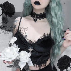 Hnewly Velvet Y2K Mall Goth Crop Tops Black Lace Trim Emo Alternative Aesthetic Women Backless Sexy
