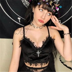 Hnewly Velvet Y2K Mall Goth Crop Tops Black Lace Trim Emo Alternative Aesthetic Women Backless Sexy