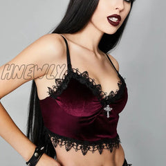 Hnewly Velvet Y2K Mall Goth Crop Tops Black Lace Trim Emo Alternative Aesthetic Women Backless Sexy