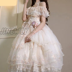 Hnewly Victorian Retro Lolita Jsk Dress Japanese Women Sweet Lace Floral Embroidery Princess