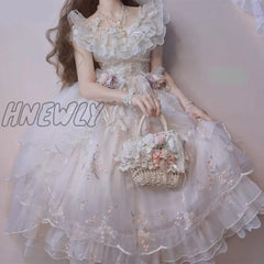 Hnewly Victorian Retro Lolita Jsk Dress Japanese Women Sweet Lace Floral Embroidery Princess