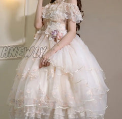 Hnewly Victorian Retro Lolita Jsk Dress Japanese Women Sweet Lace Floral Embroidery Princess