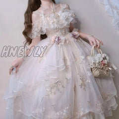 Hnewly Victorian Retro Lolita Jsk Dress Japanese Women Sweet Lace Floral Embroidery Princess