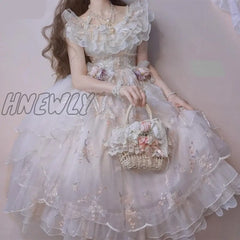 Hnewly Victorian Retro Lolita Jsk Dress Japanese Women Sweet Lace Floral Embroidery Princess