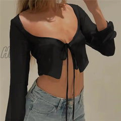 Hnewly Vintage Aesthetic Crop Top Summer Women Mesh Long Sleeve T Shirt Lace Up Bandage Clothes Y2K