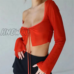 Hnewly Vintage Aesthetic Crop Top Summer Women Mesh Long Sleeve T Shirt Lace Up Bandage Clothes Y2K