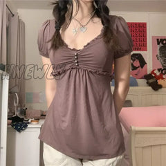 Hnewly Vintage Aesthetic Women T Shirt Elegant Ladies Short Sleeve V Neck Ruffled Tops Summer