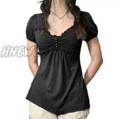 Hnewly Vintage Aesthetic Women T Shirt Elegant Ladies Short Sleeve V Neck Ruffled Tops Summer