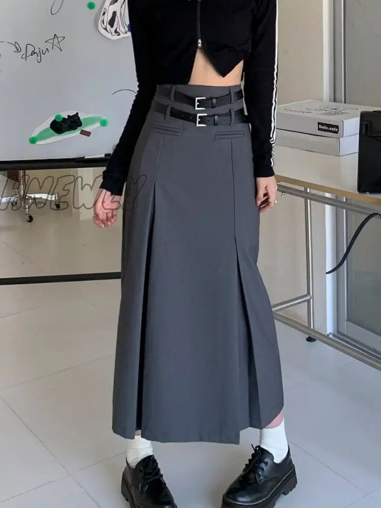 Hnewly Vintage Belt Long Skirt Women Autumn 90S Aesthetic Streetwear Y2K High Waist Slim A-Line