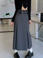 Hnewly Vintage Belt Long Skirt Women Autumn 90S Aesthetic Streetwear Y2K High Waist Slim A-Line