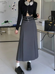 Hnewly Vintage Belt Long Skirt Women Autumn 90S Aesthetic Streetwear Y2K High Waist Slim A-Line