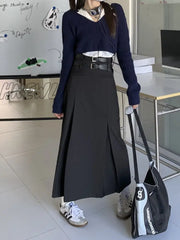 Hnewly Vintage Belt Long Skirt Women Autumn 90S Aesthetic Streetwear Y2K High Waist Slim A-Line