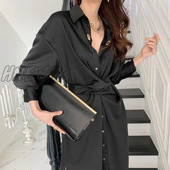 Hnewly Vintage Black Shirts Dress Woman Single-Breasted Elegant Vestidos Spring High Waist Business