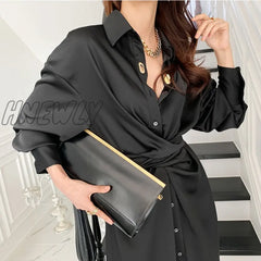 Hnewly Vintage Black Shirts Dress Woman Single-Breasted Elegant Vestidos Spring High Waist Business