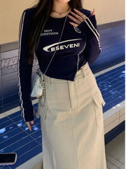 Hnewly Vintage Cargo Skirt Women Lace Up High Waist A-Line Slim Solid Pockets Streetwear Long