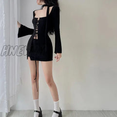 Hnewly Vintage Chic Knitted Brown Skinny Mini Women Dresses Drawstring Corset Elegant Party Dress