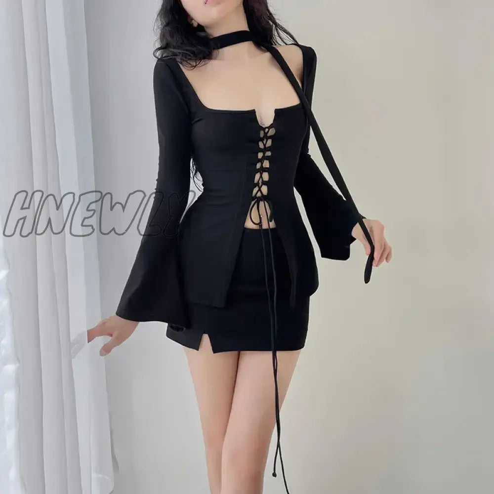 Hnewly Vintage Chic Knitted Brown Skinny Mini Women Dresses Drawstring Corset Elegant Party Dress