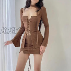 Hnewly Vintage Chic Knitted Brown Skinny Mini Women Dresses Drawstring Corset Elegant Party Dress