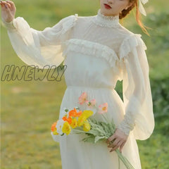 Hnewly Vintage Cottage Chiffon Gatsby Dress Fairy Woman Chic Romantic Lace Lantern Sleeve Retro