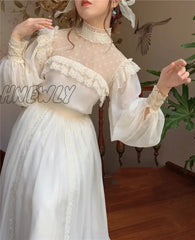 Hnewly Vintage Cottage Chiffon Gatsby Dress Fairy Woman Chic Romantic Lace Lantern Sleeve Retro