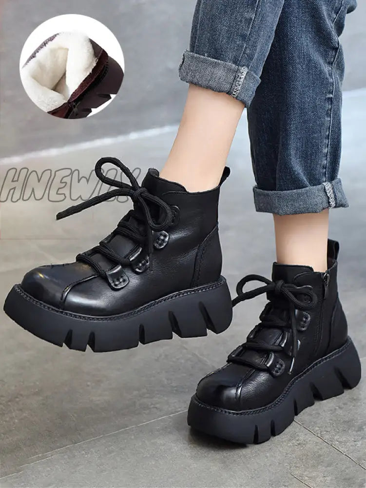 Hnewly - Vintage Cow Leather Wool Boots Platform Shoes
