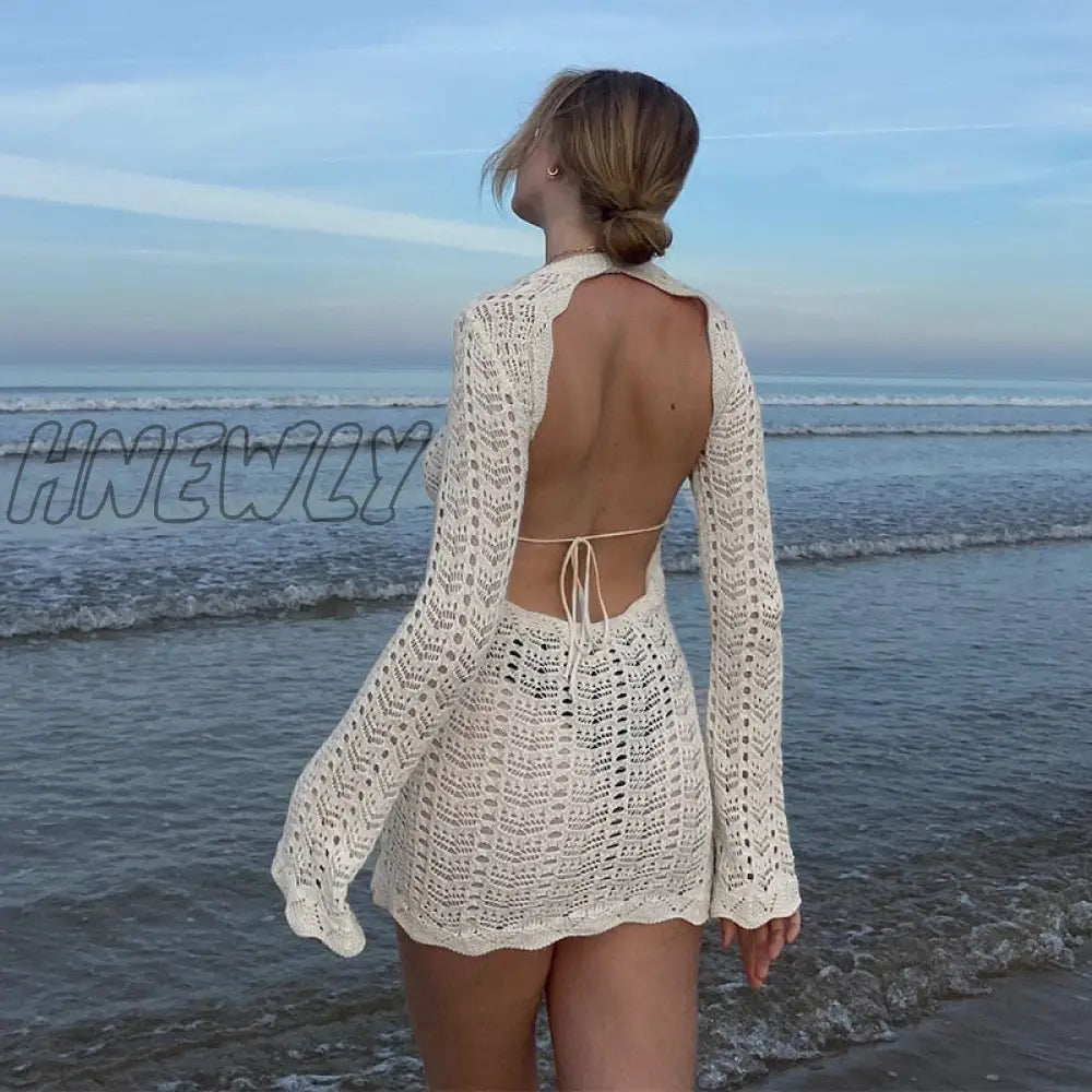 Hnewly Vintage Crochet Flower Hollow Out Dress Cover-Ups Chic Women Sexy Knit Backless Tie-Up Mini