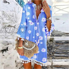 Hnewly Vintage Daisy Floral Print Mini Dress Spring Summer Casual Loose Beach Lady Elegant V Neck