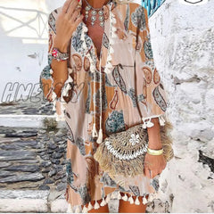 Hnewly Vintage Daisy Floral Print Mini Dress Spring Summer Casual Loose Beach Lady Elegant V Neck