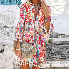 Hnewly Vintage Daisy Floral Print Mini Dress Spring Summer Casual Loose Beach Lady Elegant V Neck