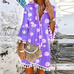 Hnewly Vintage Daisy Floral Print Mini Dress Spring Summer Casual Loose Beach Lady Elegant V Neck